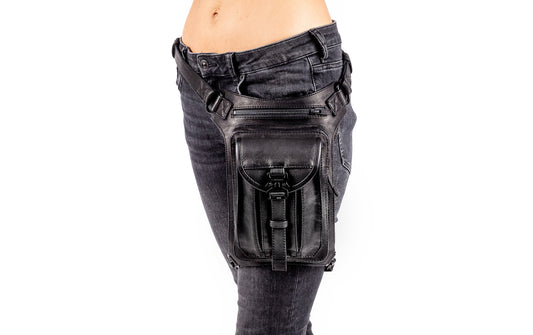 Tactical Edge Black Leather Holster and Hip Bag Utility Belt with Black Hardware