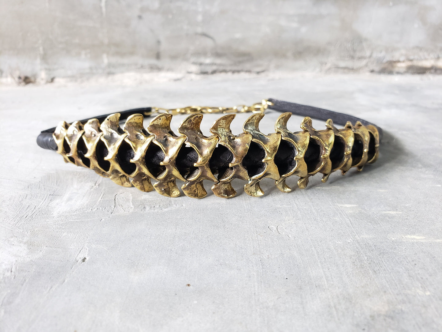 Spinal Core in Brass and Black Leather Choker