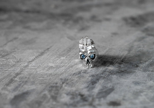 Crystal or Tourmaline Crowned Skull Ring in Solid Silver with Topaz Eyes