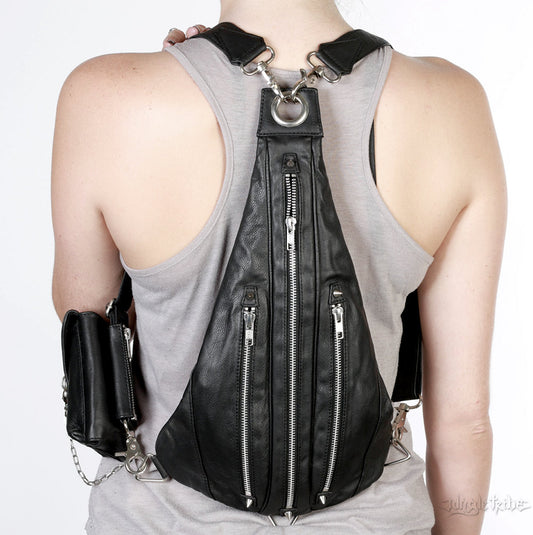 TRI ZIPPER Black Leather with Silver Hardware Backpack Fanny Pack and Hip Bag