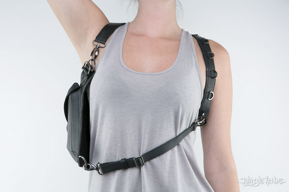 METRIC RAVEN Black Leather Holster Shoulder Backpack and Hip Bag