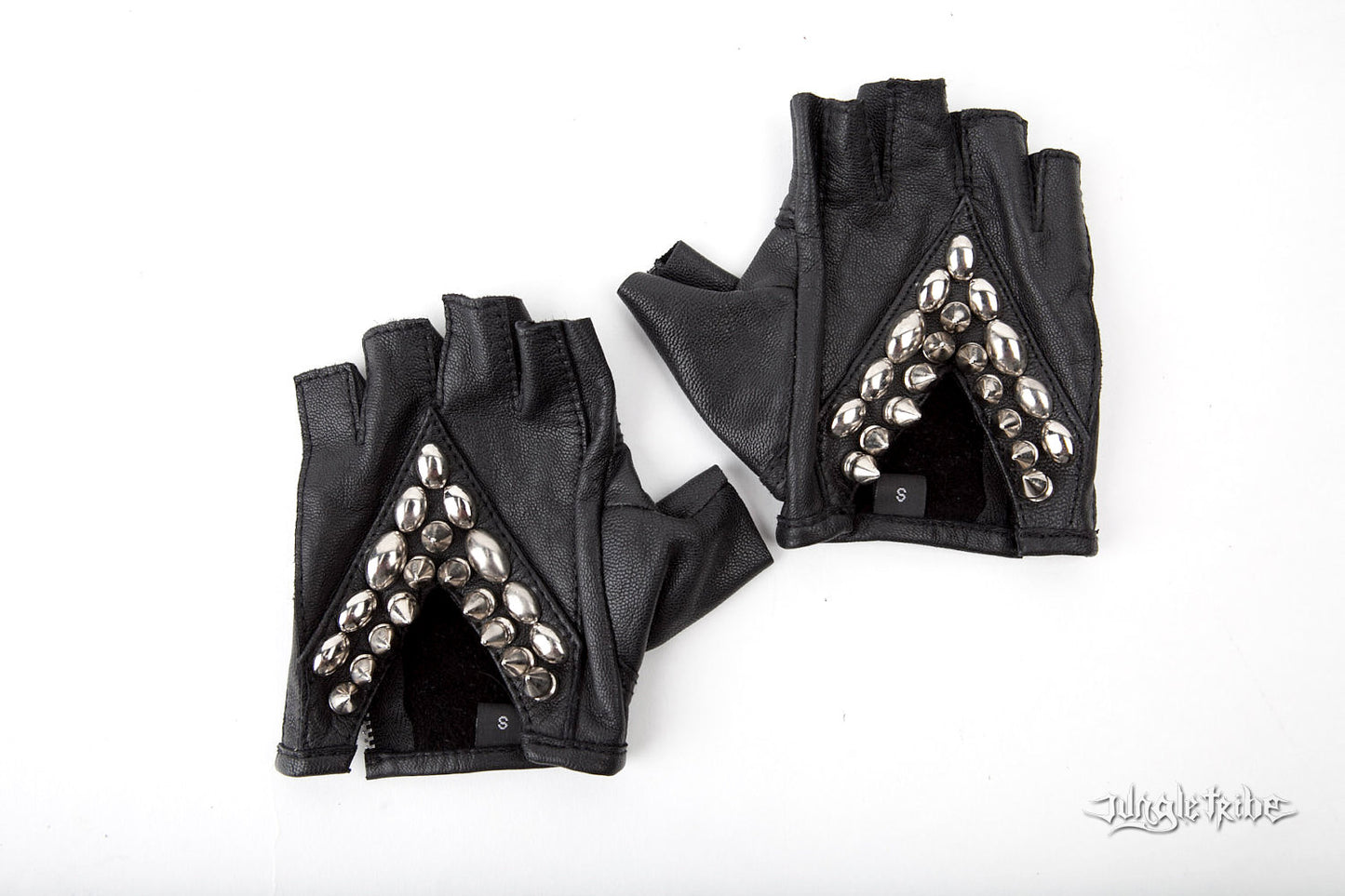 SILVER CHEVRON SPIKE Studded Fingerless Leather Gloves