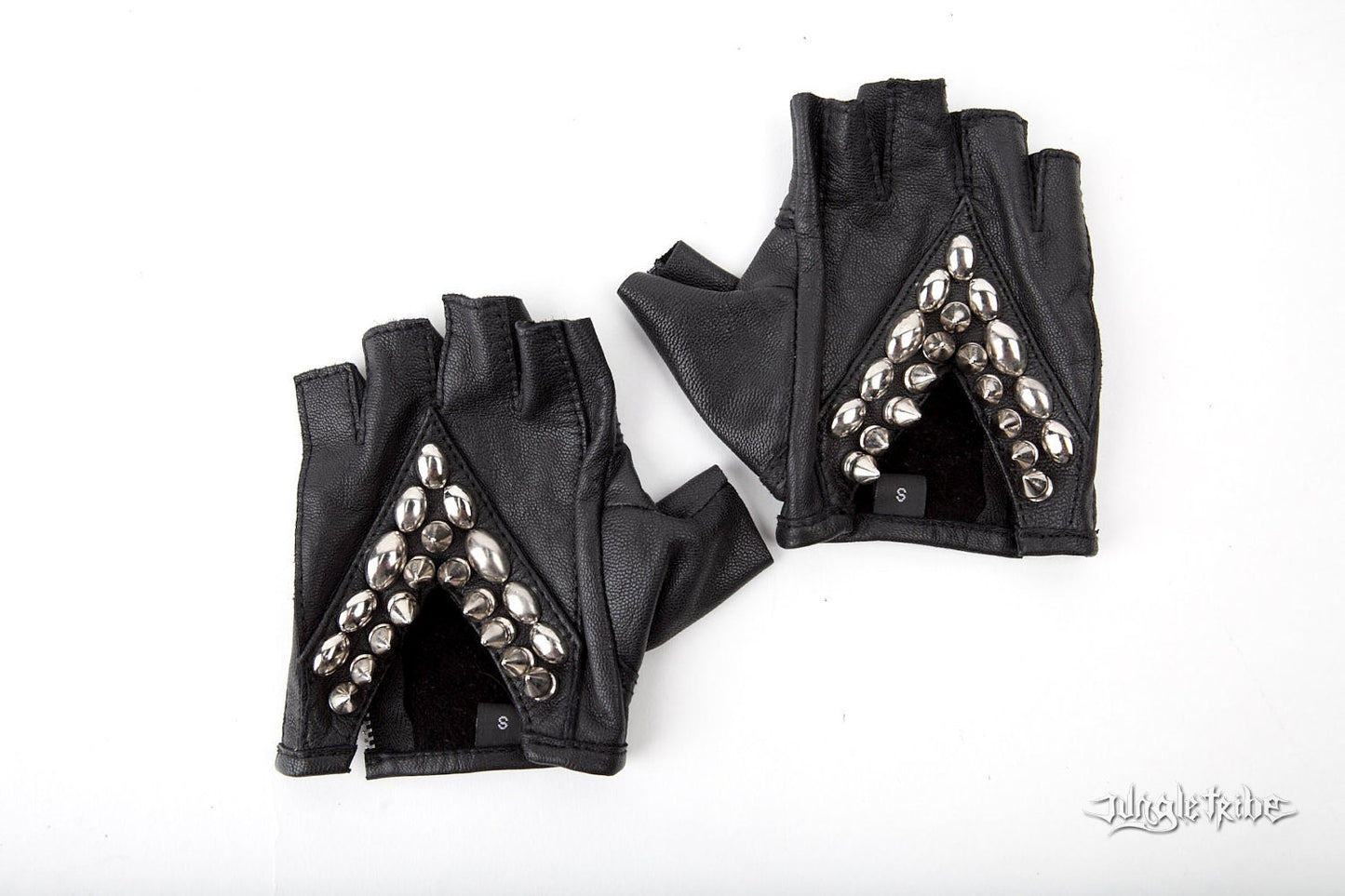 SILVER SPIKE Studded Chevron Pattern Fingerless Leather Gloves