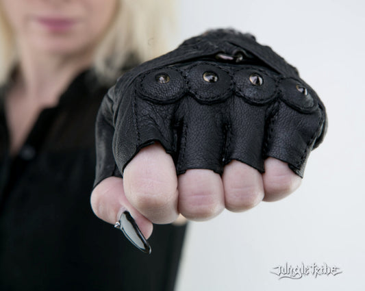 FURY ROAD Leather Fingerless Strapped Goat Skin Unisex Driving Gloves