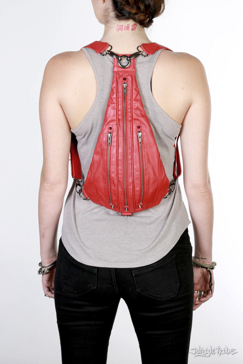 Tri Zipper Backpack Fanny Pack and Hip Bag in Red Leather w/ Pewter Hardware