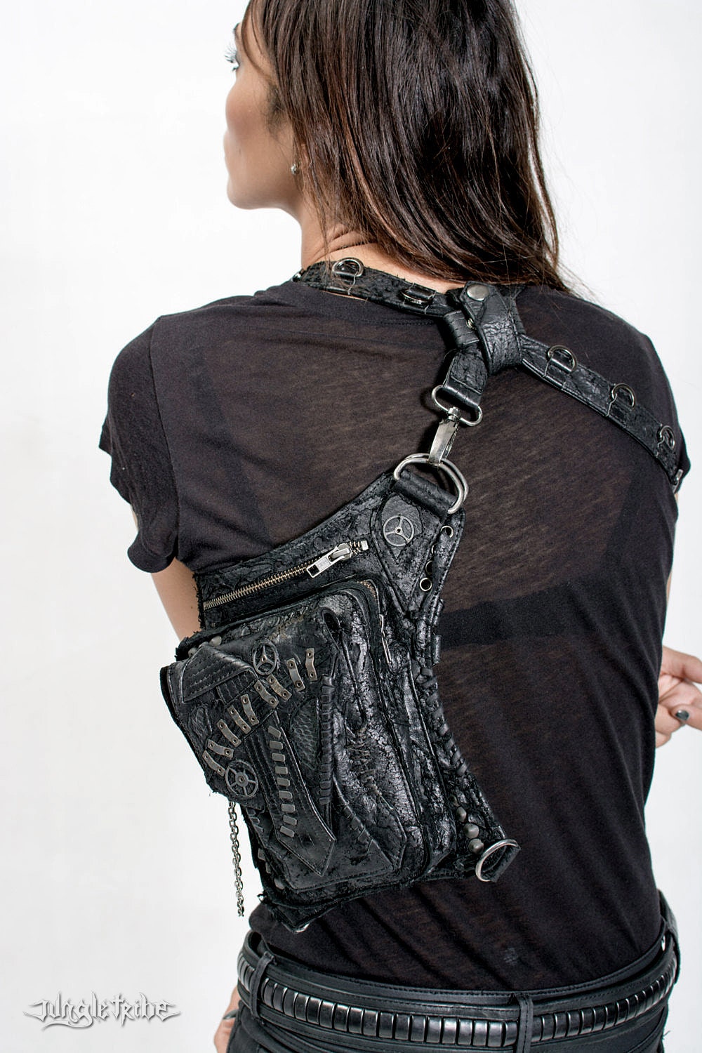 Apocalyptic Distress Black Leather Convertible Hip Holster and Shoulder Bag