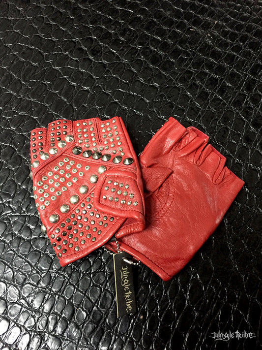 BLAM ROCK Red Leather Studded Fingerless Gloves